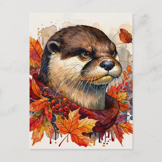 Otter Grump In Autumn Watercolor ポストカード (正面)