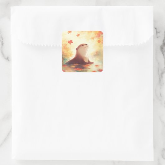 Otter in Water with Falling Autumn Maple Leaves スクエアシール (バッグ)