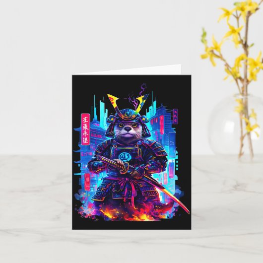 Otter Katana Cyberpunk Neon Samurai Japanese Art  カード (黄色い花)