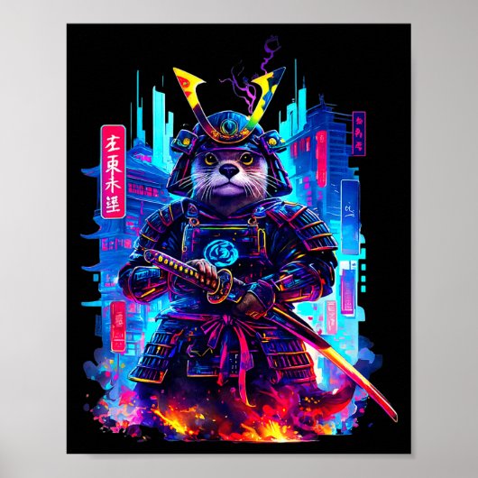 Otter Katana Cyberpunk Neon Samurai Japanese Art  ポスター (正面)