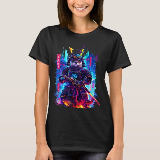 Otter Katana Cyberpunk Neon Samurai Japanese Art Tシャツ (正面)