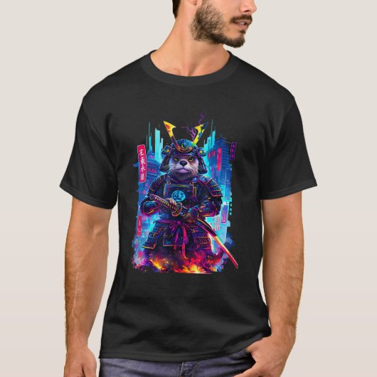Otter Katana Cyberpunk Neon Samurai Japanese Art Tシャツ (正面)