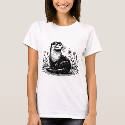 Otter Line Art Nature Illustration Tシャツ (正面)