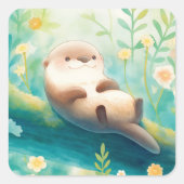 Otter Lying on Log in Spring Green Meadow スクエアシール (正面)