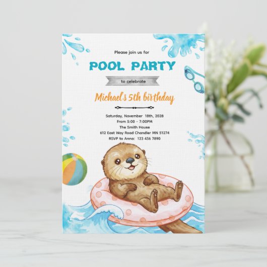 Otter Pool Party Birthday Invitation 招待状 (スタンド正面)