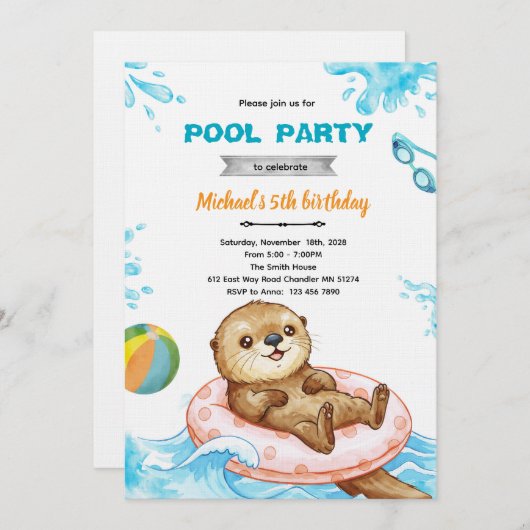 Otter Pool Party Birthday Invitation 招待状 (正面/裏面)