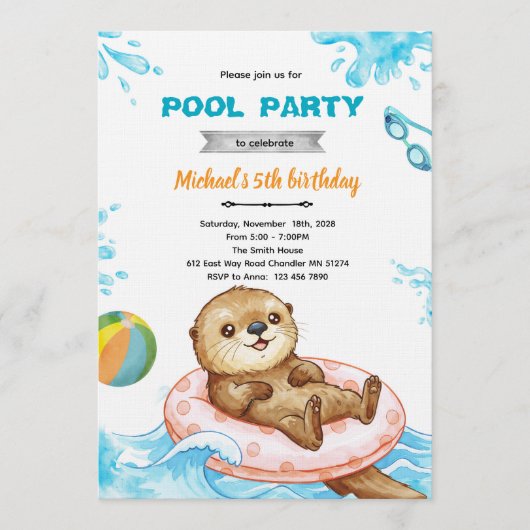 Otter Pool Party Birthday Invitation 招待状 (正面)