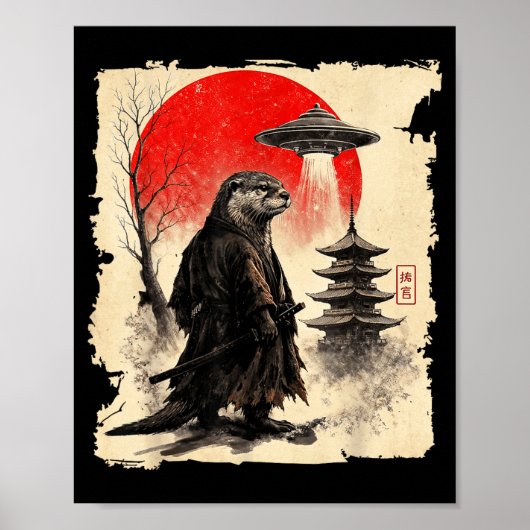 Otter Samurai Retro Ufo Japanese Warrior Art Graph ポスター (正面)