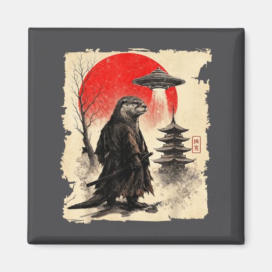 Otter Samurai Retro Ufo Japanese Warrior Art Graph マグネット (正面)