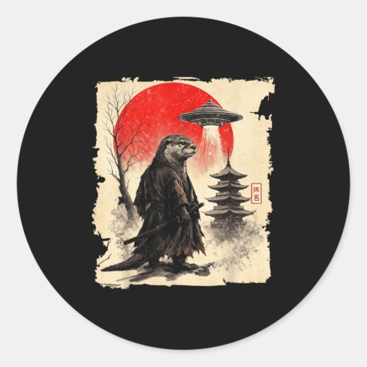 Otter Samurai Retro Ufo Japanese Warrior Art Graph ラウンドシール (正面)