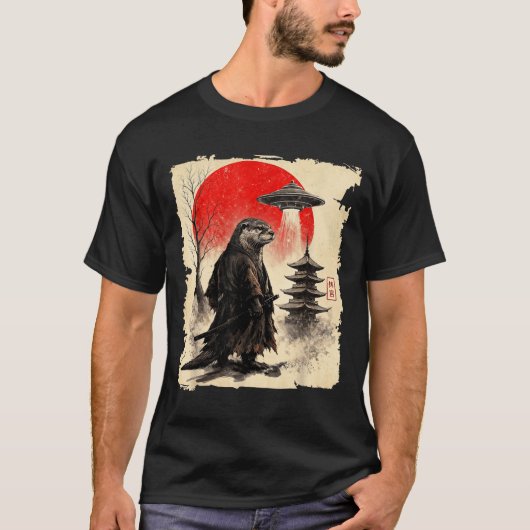 Otter Samurai Retro Ufo Japanese Warrior Art Graph Tシャツ (正面)