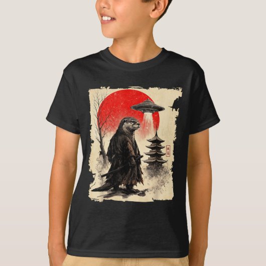 Otter Samurai Retro Ufo Japanese Warrior Art Graph Tシャツ (正面)