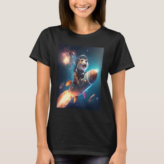 Otter Space Puns Space Otter Riding A Rocket Tシャツ (正面)