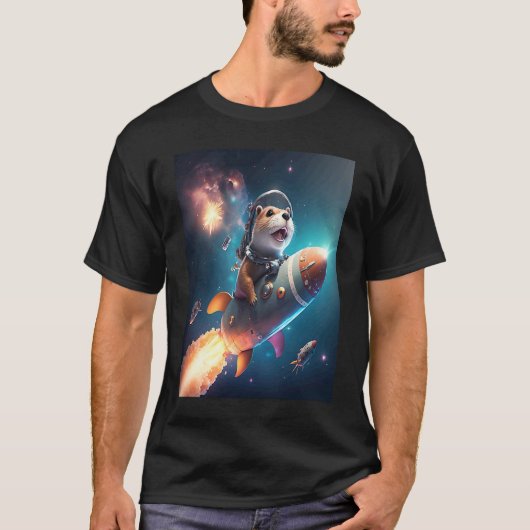 Otter Space Puns Space Otter Riding A Rocket Tシャツ (正面)