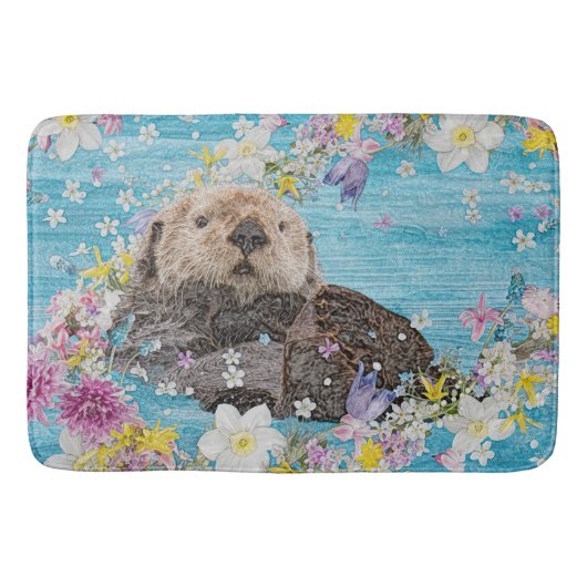 Otter Swimming in Flowers バスマット (正面)