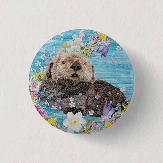 Otter Swimming in Flowers 缶バッジ (正面)