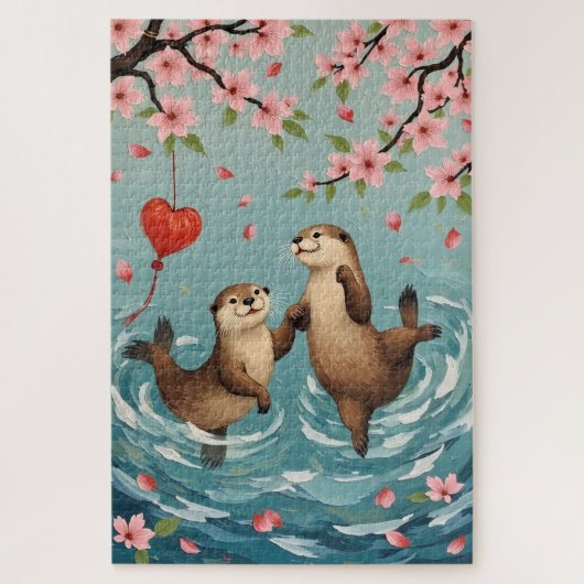 Otters Holding Paws with Valentine Lantern ジグソーパズル (縦)