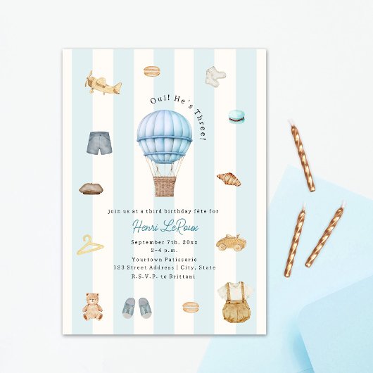 Oui He's Three Paris French Birthday 招待状