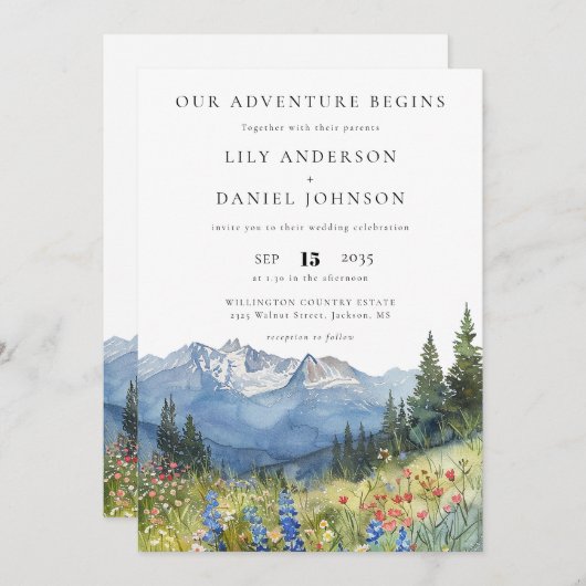 Our Adventure Mountain Wildflower Floral Wedding 招待状 (正面/裏面)
