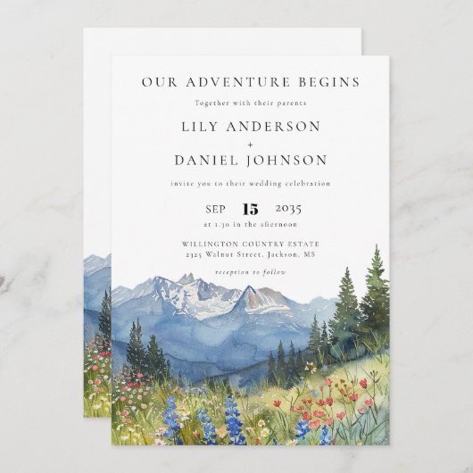 Our Adventure Mountain Wildflower QR Code Wedding 招待状 (正面/裏面)