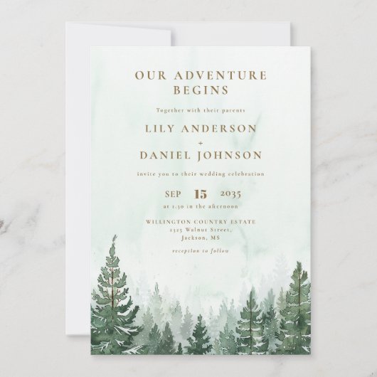 Our Adventure Rustic Pine Forest QR Code Wedding 招待状 (正面)