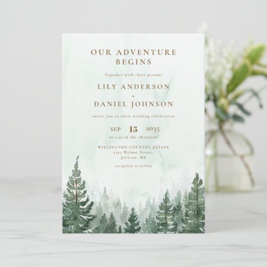 Our Adventure Rustic Pine Tree Forest Wedding 招待状 (スタンド正面)