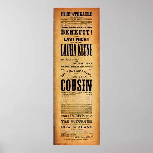 Our American Cousin Ford's Theater April 14, 1865 ポスター (正面)