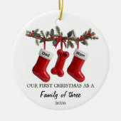 Our First Christmas as a Family of Three with Dog セラミックオーナメント (正面)