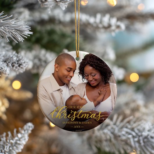 Our First Christmas as Mom and Dad Gold Foil Photo セラミックオーナメント