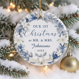 Our First Christmas as Mr Mrs Floral Wreath セラミックオーナメント