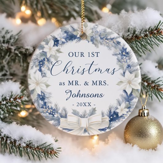Our First Christmas as Mr Mrs Floral Wreath セラミックオーナメント