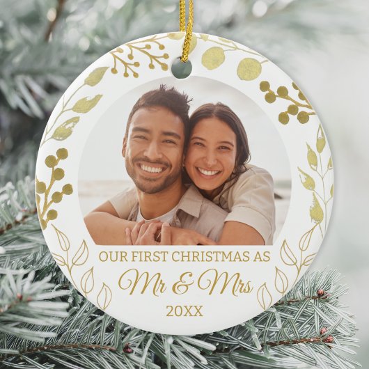 Our First Christmas As Mr & Mrs Gold Foliage Photo セラミックオーナメント
