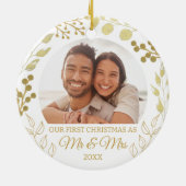 Our First Christmas As Mr & Mrs Gold Foliage Photo セラミックオーナメント (裏面)