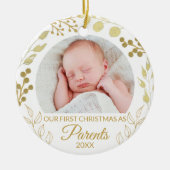 Our First Christmas As Parents Gold Foliage Photo セラミックオーナメント (正面)