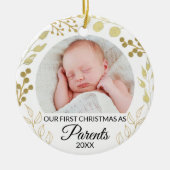Our First Christmas As Parents Photo Gold Foliage セラミックオーナメント (正面)