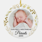 Our First Christmas As Parents Photo Gold Foliage セラミックオーナメント (裏面)
