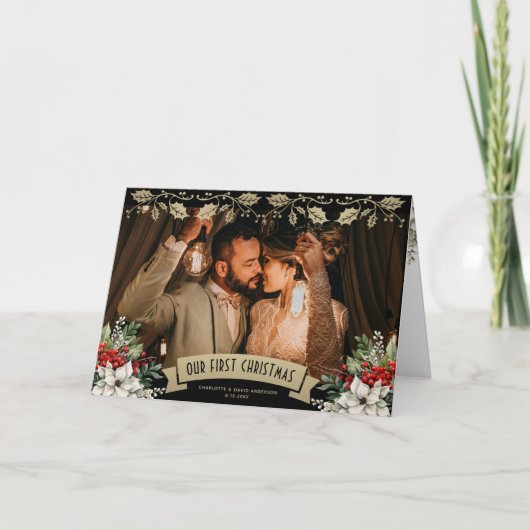 Our First Christmas Black Gold Newlywed Photo シーズンカード (正面)