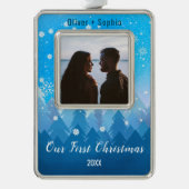 Our First Christmas Blue Snowy Wintery Theme シルバープレートフレームオーナメント (正面)