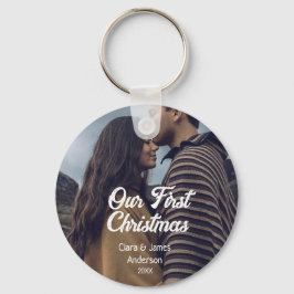 Our first Christmas couple photo name white gray キーホルダー