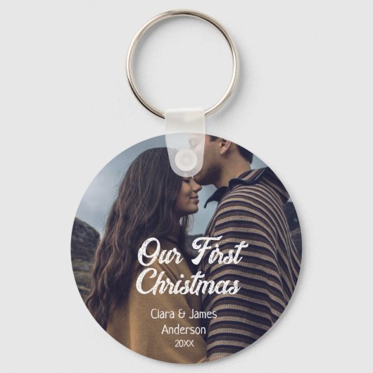 Our first Christmas couple photo name white gray キーホルダー (正面)