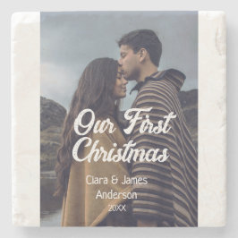 Our first Christmas couple photo name white gray ストーンコースター