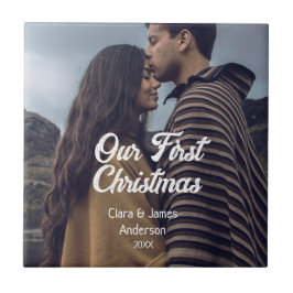 Our first Christmas couple photo name white gray タイル