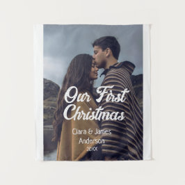 Our first Christmas couple photo name white gray タペストリー