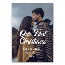 Our first Christmas couple photo name white gray
