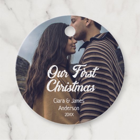 Our first Christmas couple photo name white gray フェイバータグ (正面)