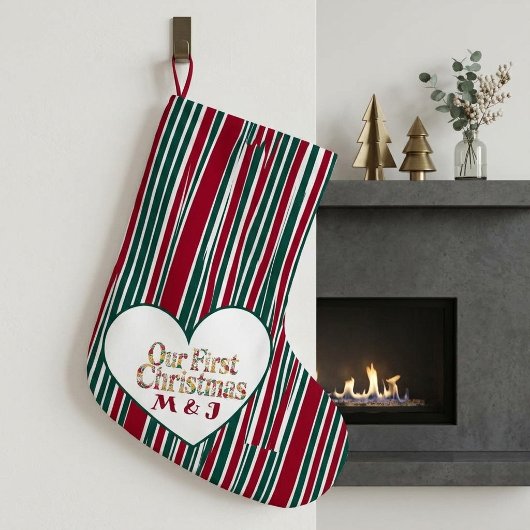 Our First Christmas Couples Plaid Monogram Initial ラージクリスマスストッキング