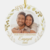 Our First Christmas Engaged Gold Foliage Photo セラミックオーナメント (正面)