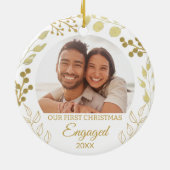 Our First Christmas Engaged Gold Foliage Photo セラミックオーナメント (裏面)