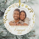 Our First Christmas Engaged Gold Foliage Photo セラミックオーナメント<br><div class="desc">This elegant Engagement Christmas Ornament is decorated with gold foliage on a white background.
Easily customizable with your photo and year.
Original Watercolor © Michele Davies.</div>