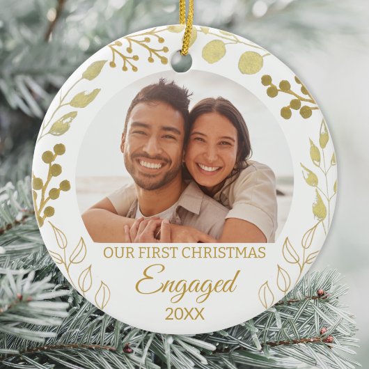 Our First Christmas Engaged Gold Foliage Photo セラミックオーナメント